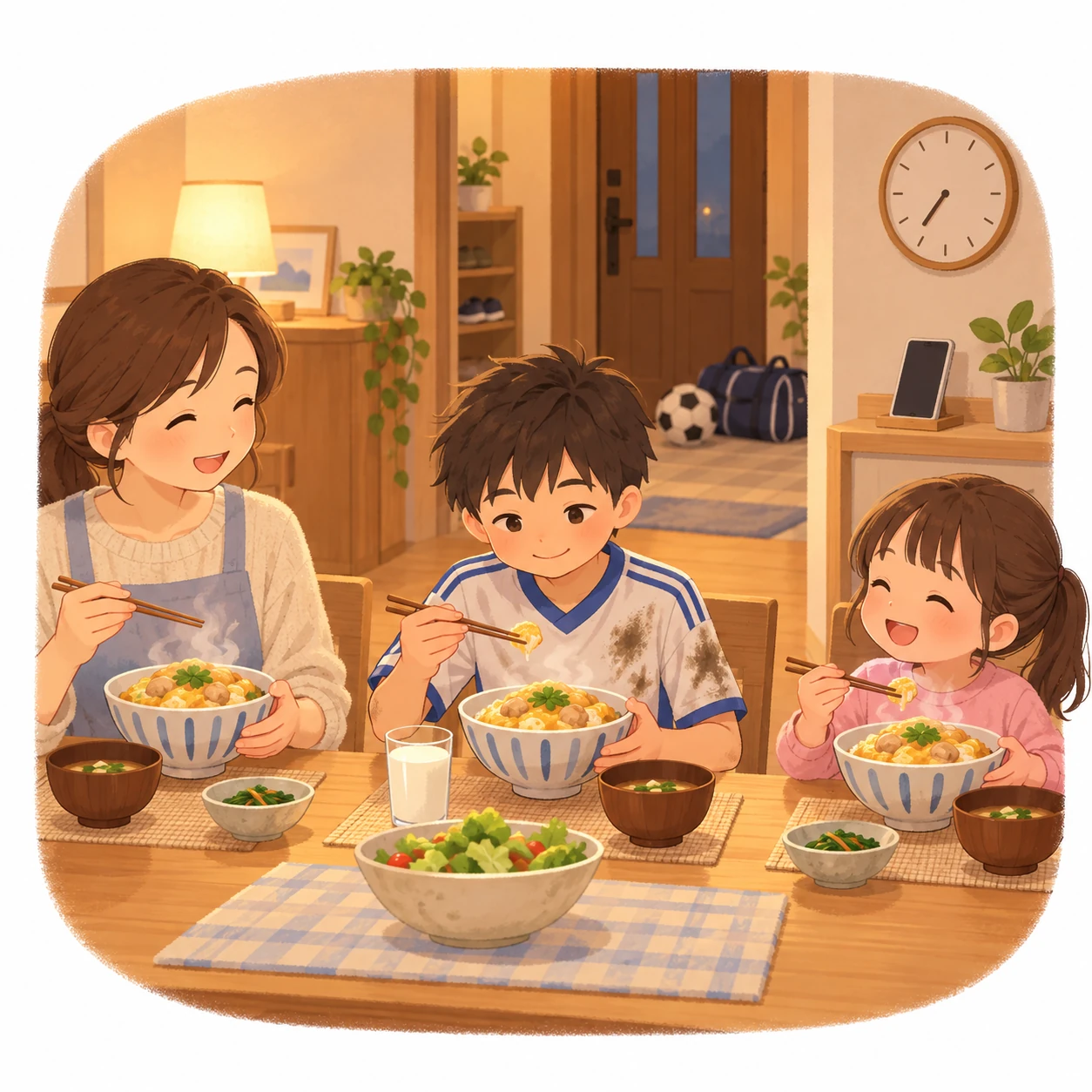 試合に負けた日の夜、家族と親子丼を食べて少し笑顔が戻るサッカー少年!