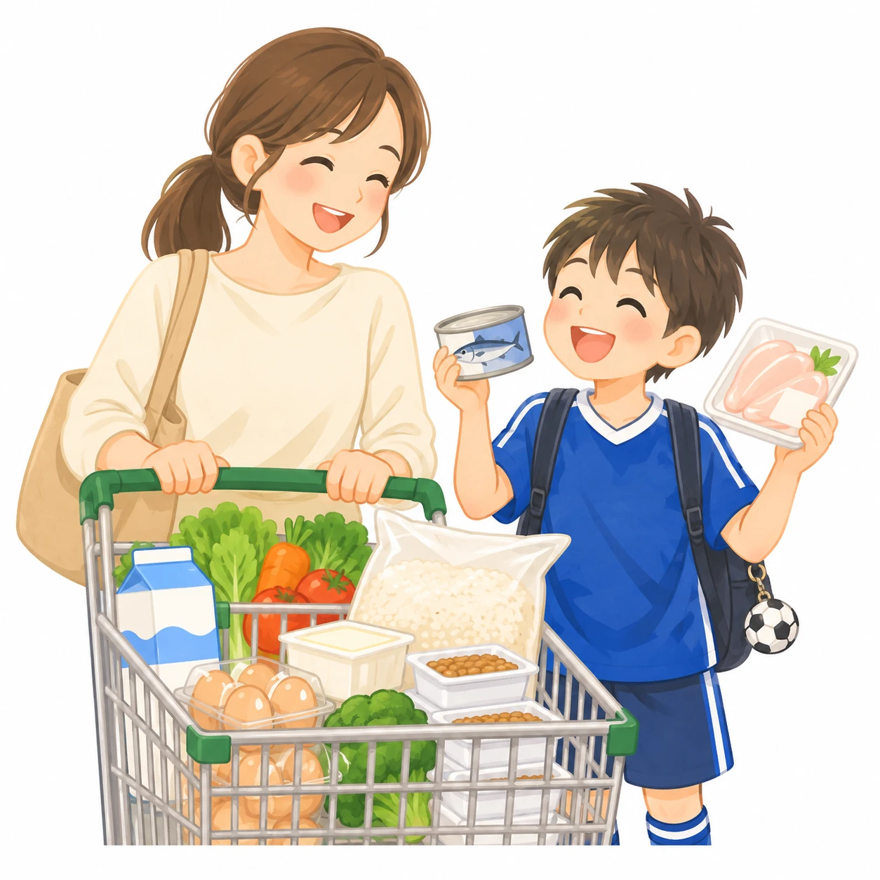 スーパーの買い物かごに卵・豆腐・納豆・鶏むね肉・さば缶を入れて、サッカーの子と笑顔で買い物をするお母さん!