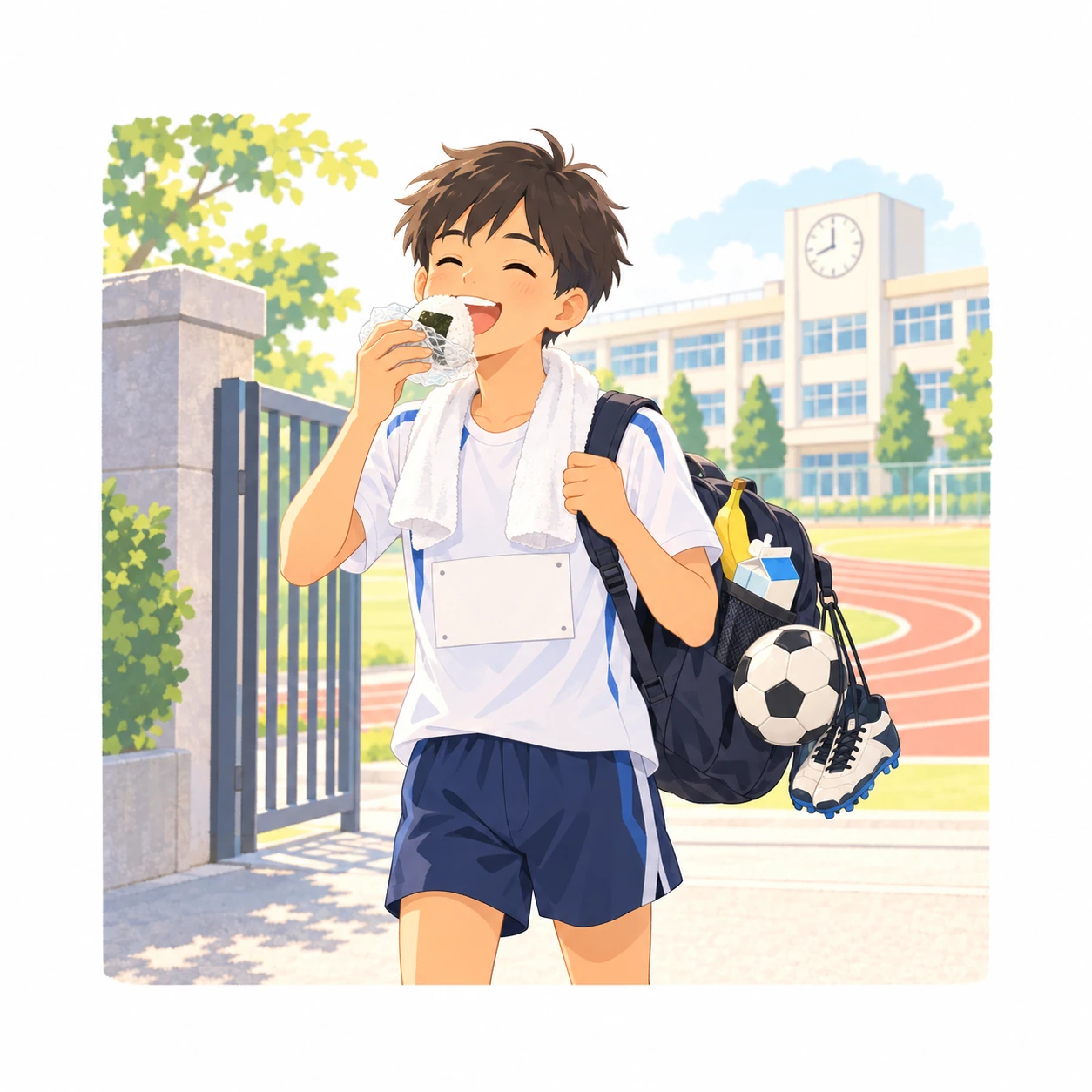 朝の駅伝練習のあと、校門の前でおにぎりをほおばるサッカー部の中学生！