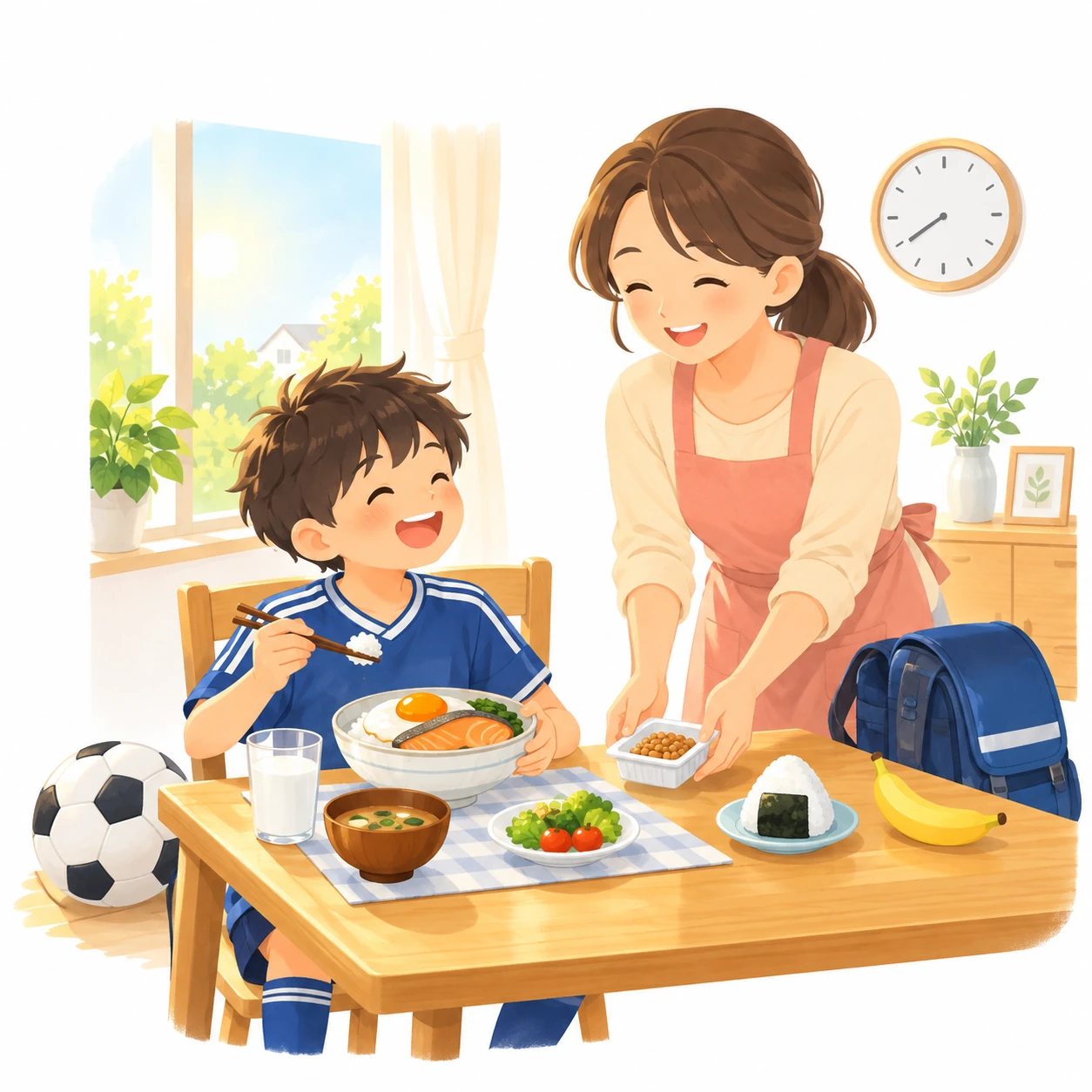 朝の食卓で、ごはんと卵と牛乳をもりもり食べるサッカーのユニフォームの男の子！