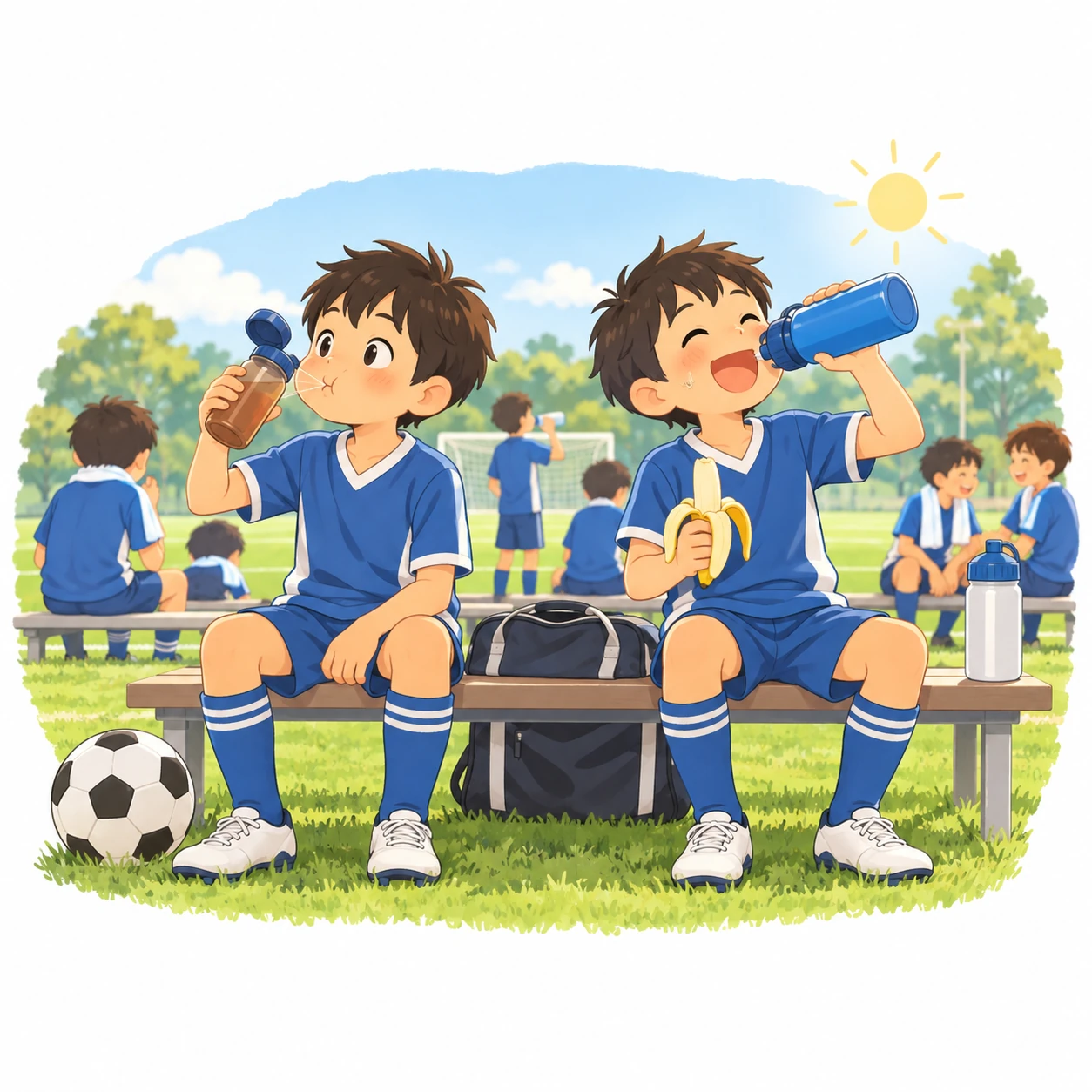 ハーフタイムに、水筒の麦茶でまず口をゆすいでから、ゴクゴク飲むサッカー少年！