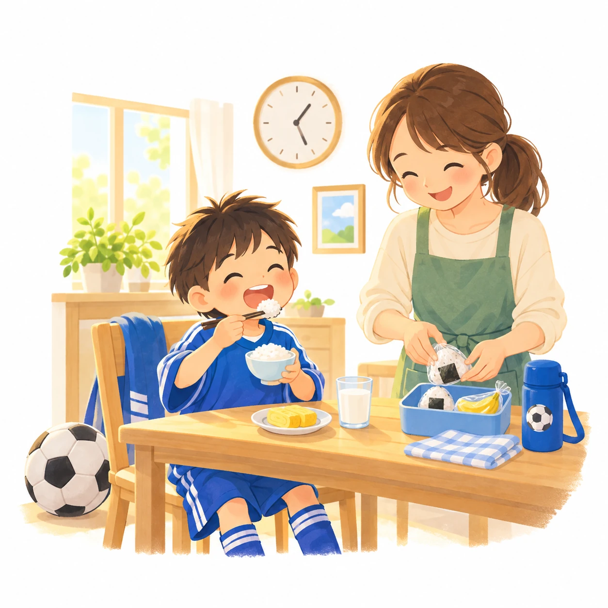 年長さんのサッカー大会の朝、ごはんと卵焼きと牛乳の朝ごはんを、ユニフォーム姿でうれしそうに食べる男の子!