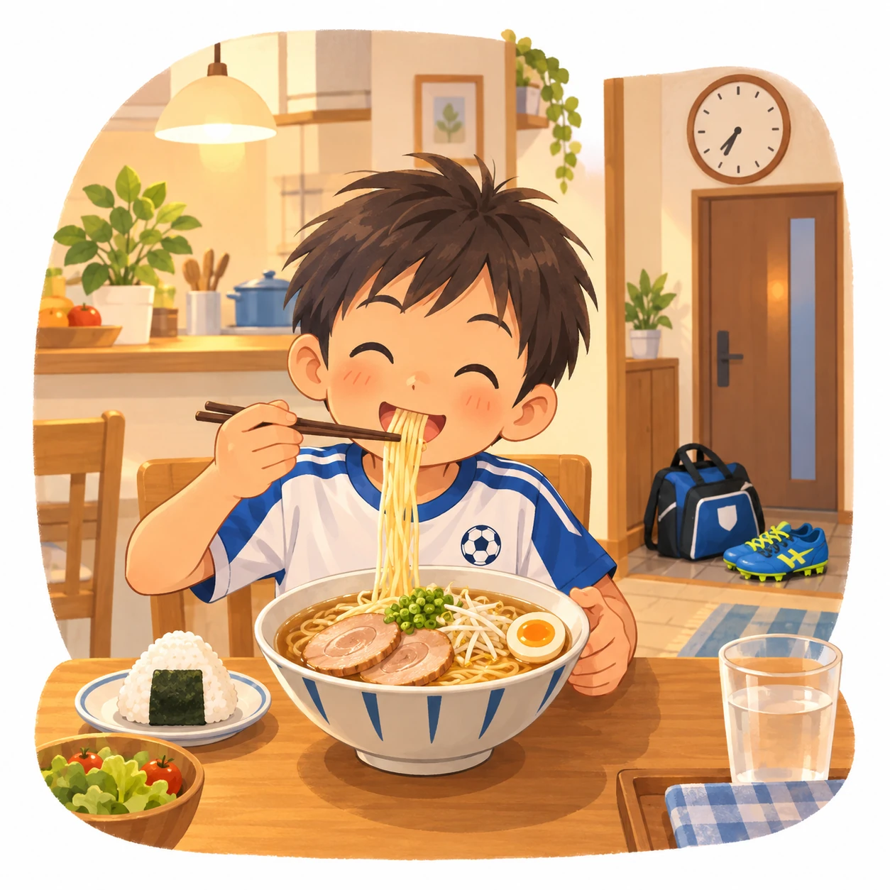 試合の前の夜、焼き豚と卵、もやしがのったしょうゆラーメンと小さいおにぎりを、うれしそうに食べるサッカー少年!