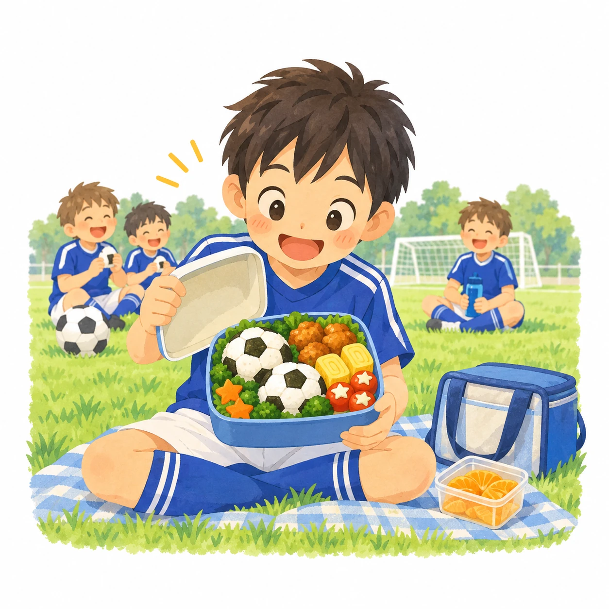 ふたを開けたら、芝生のブロッコリーの上にサッカーボールのおにぎり！ 大よろこびでお弁当を食べるサッカー少年！