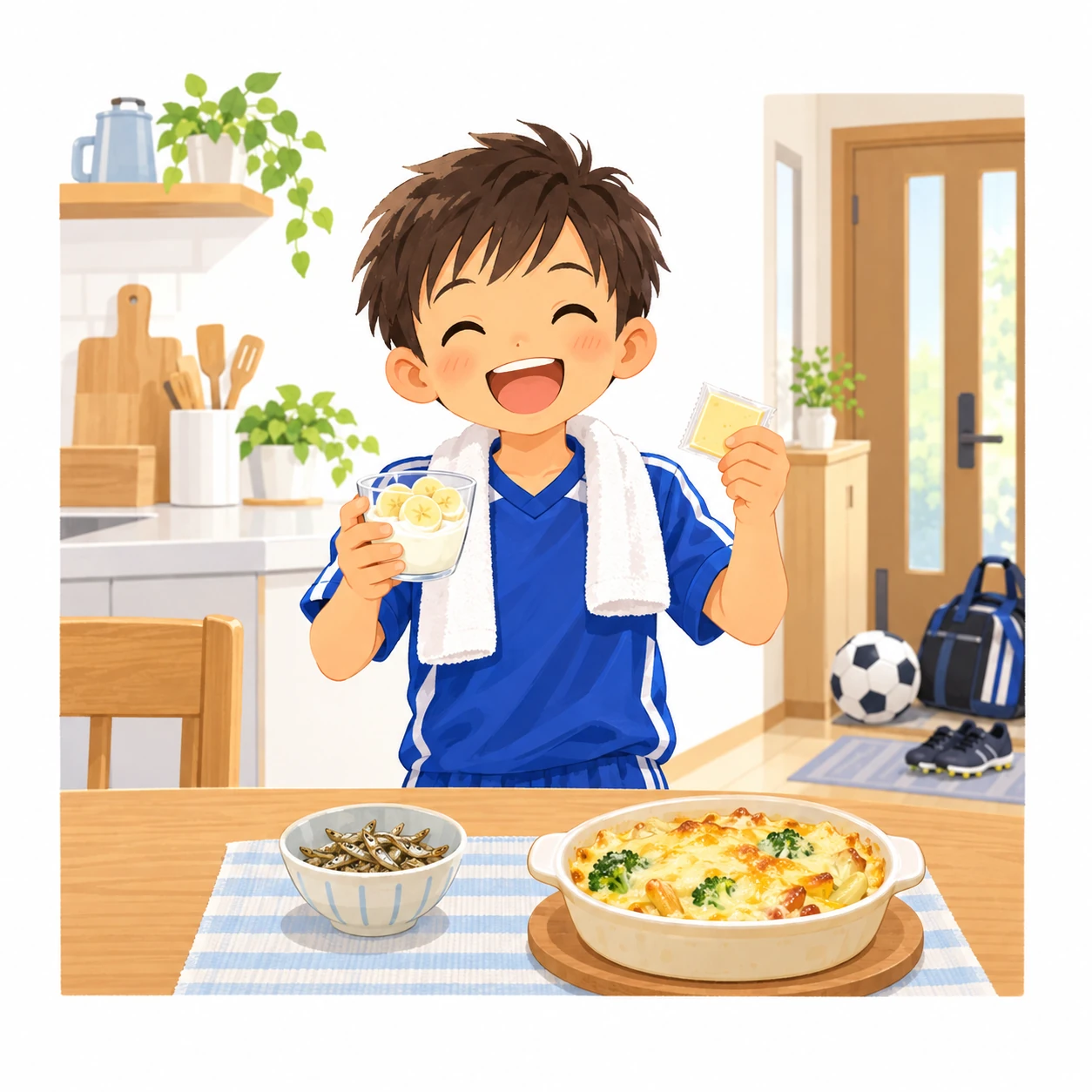 練習から帰ってきたサッカー少年が、ヨーグルトにバナナをのせたカップと、個包装のチーズを手に、にっこり笑っている！