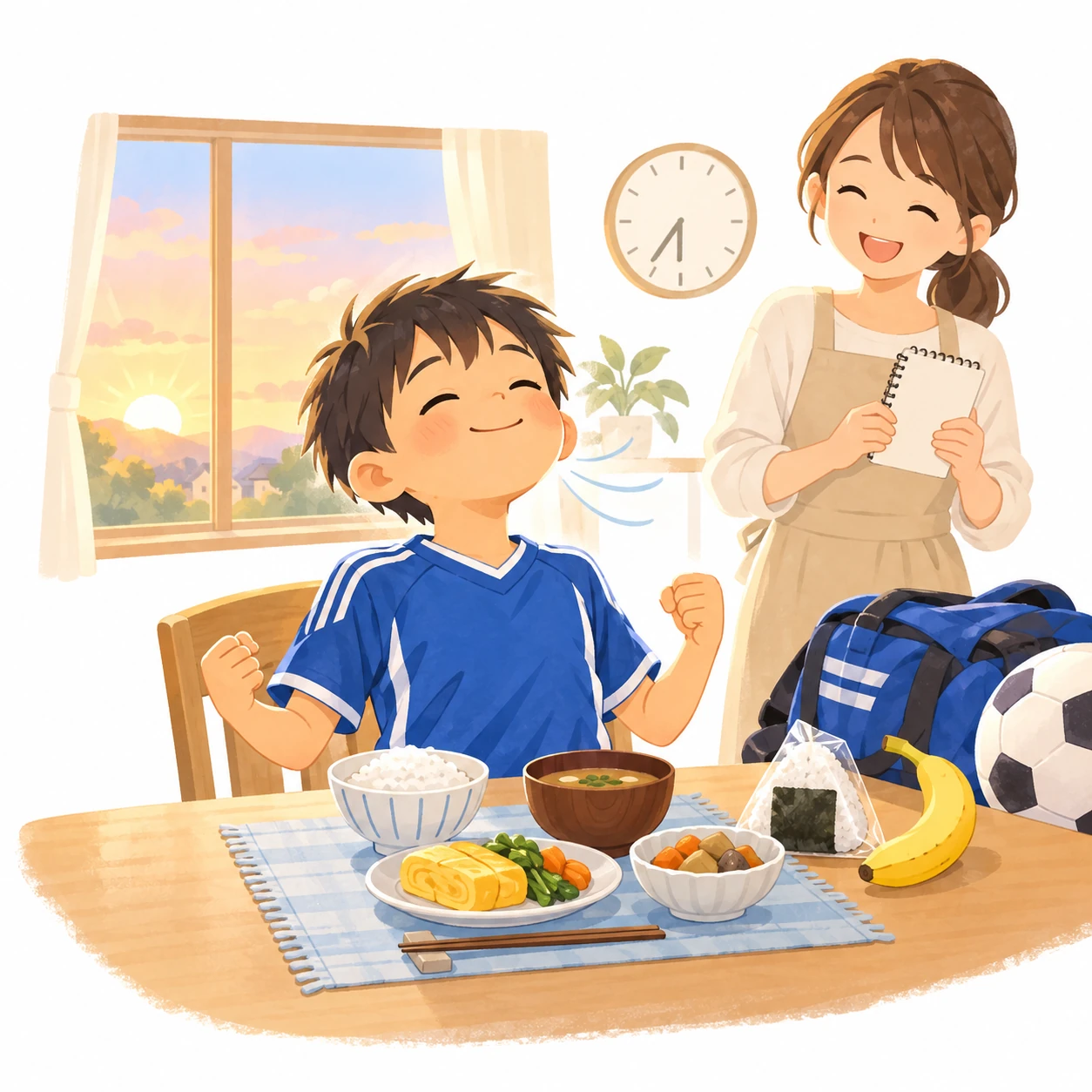 試合の朝、サッカーのユニフォームを着た男の子が、ごはんとみそ汁と卵焼きの朝ごはんを前に、深呼吸してにっこり笑っている!