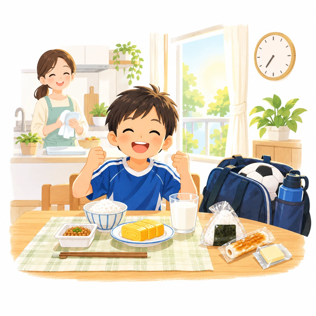 朝ごはんのテーブルで、サッカーのユニフォームを着た男の子が、ごはんと納豆と卵焼きと牛乳を前に、にっこり笑っている!