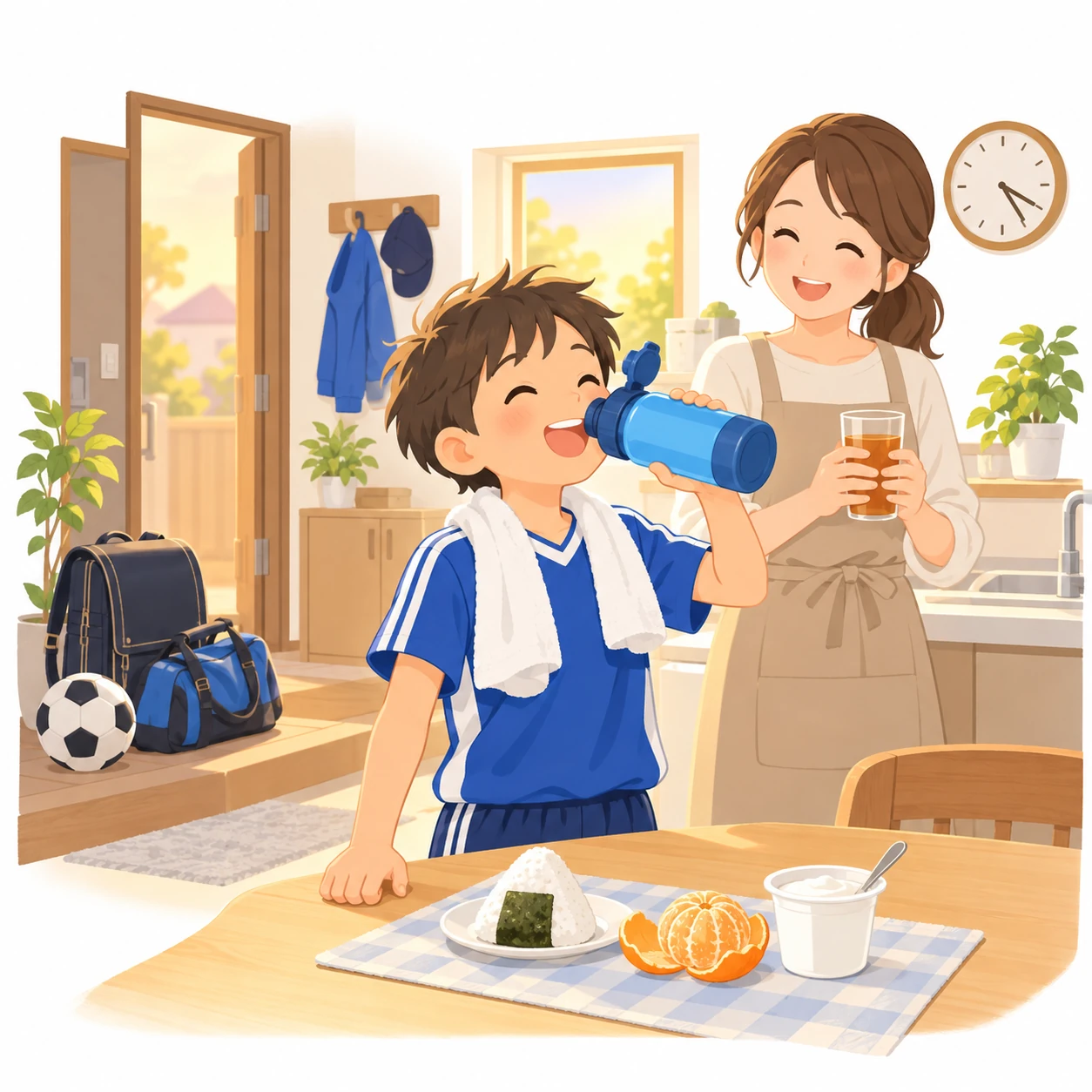 学校から帰ってきたサッカーのユニフォームの男の子が、台所で水筒の残りを飲みながら、おにぎりとみかんの補食を前ににっこりしている！