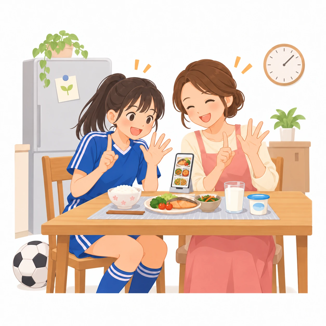 夕ごはんのあと、サッカーのユニフォームを着た女の子とお母さんが、スマホで撮ったごはんの写真を見ながら、指で数えてにっこり笑っている!