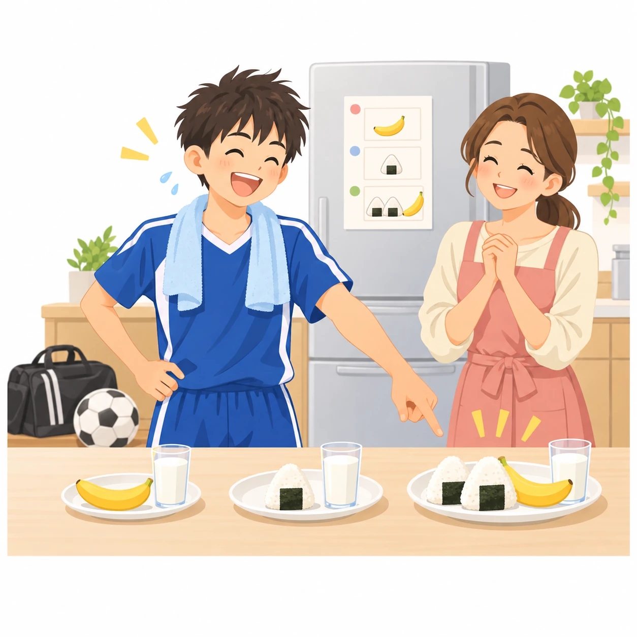 練習から帰ってきたサッカーのユニフォームの男の子が、台所のカウンターに並んだS・M・Lの3つのお皿の中から、いちばん大きいおにぎり2個のお皿を指さしてにっこり。お母さんも笑顔!