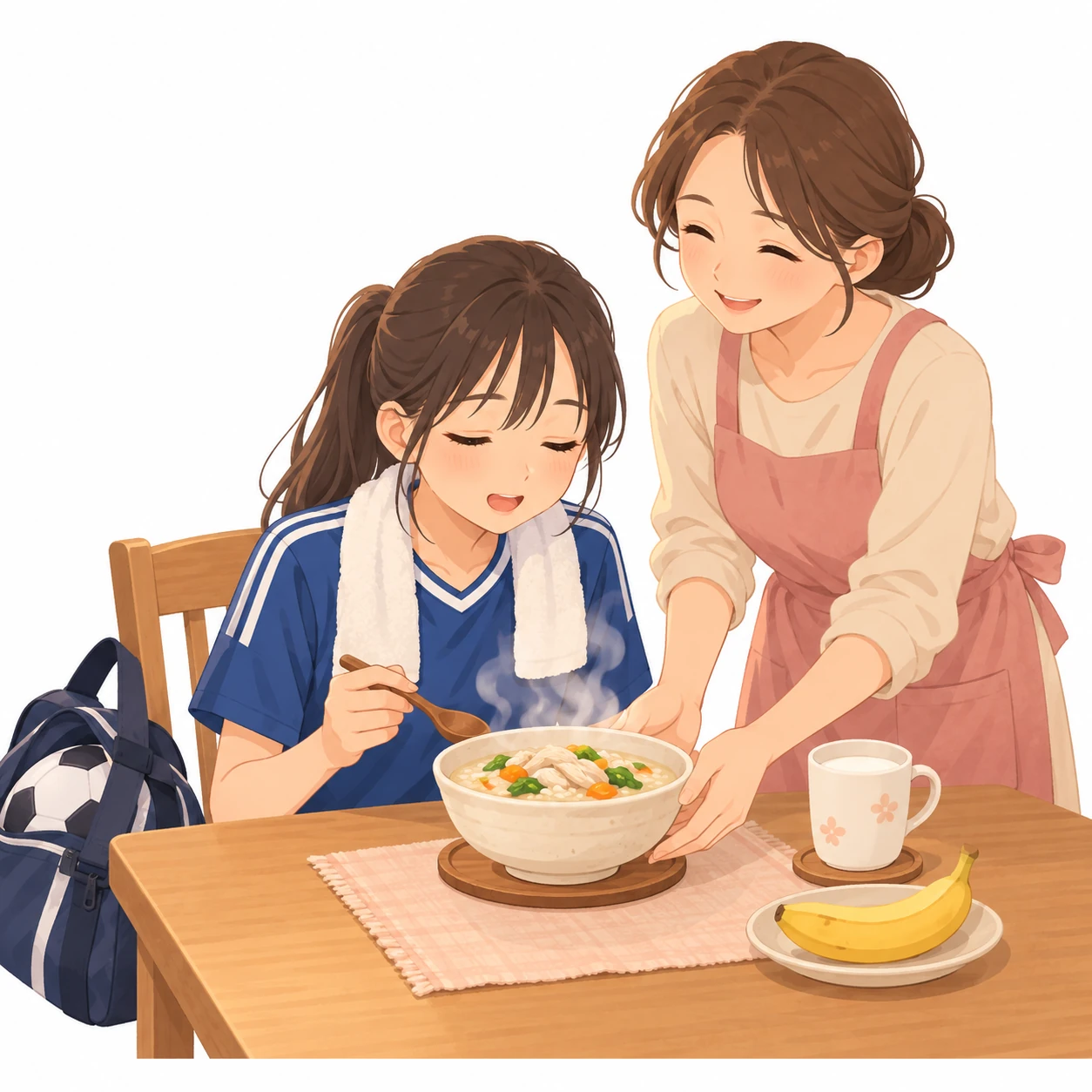 生理中でちょっとだるそうな女子サッカー選手が、お母さんがよそった温かい雑炊をふーふーしながら食べて、ほっとした笑顔に。テーブルには温めた牛乳とバナナも!