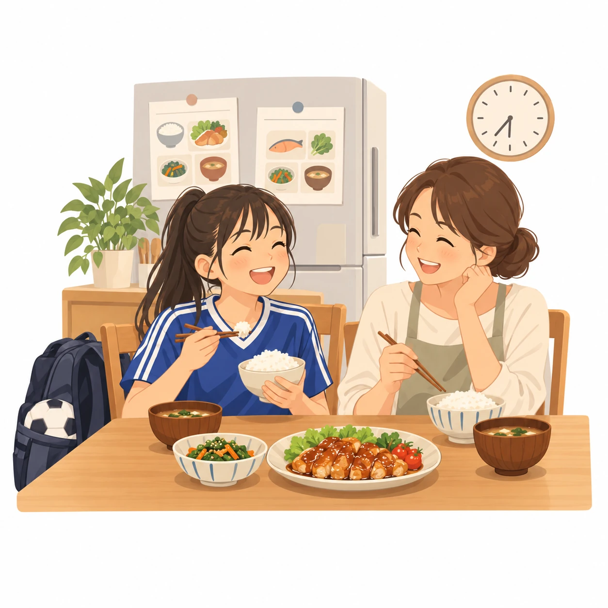 練習着の高校生の女の子が、夕ごはんのテーブルで大盛りのごはんと鶏肉のおかずを前に、お母さんと笑い合っている。冷蔵庫には「部活がある日・ない日」の2つの献立表！