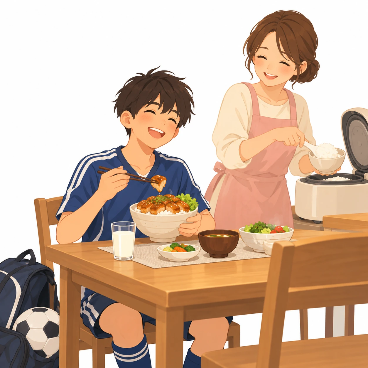 練習着の高校生の男の子が、夕ごはんのテーブルで大盛りの照り焼き丼を笑顔でほおばり、お母さんがおかわりのごはんをよそっている。横には牛乳のコップ!
