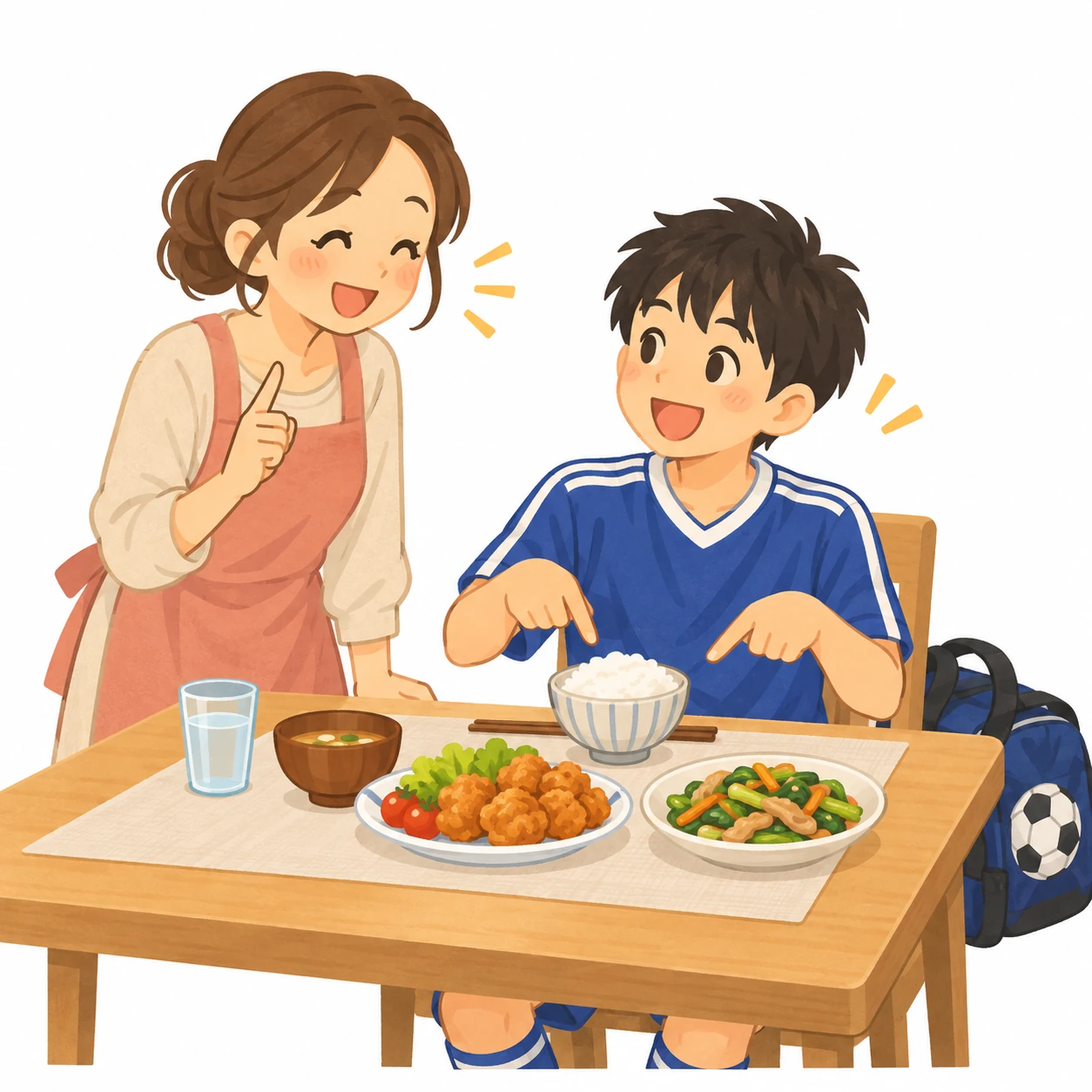 サッカーのユニフォームの中学生の男の子が夕ごはんのテーブルで、ごはん・からあげ・野菜炒めを指さしながら、お母さんの「これは何の役?」のクイズに笑顔で答えている!