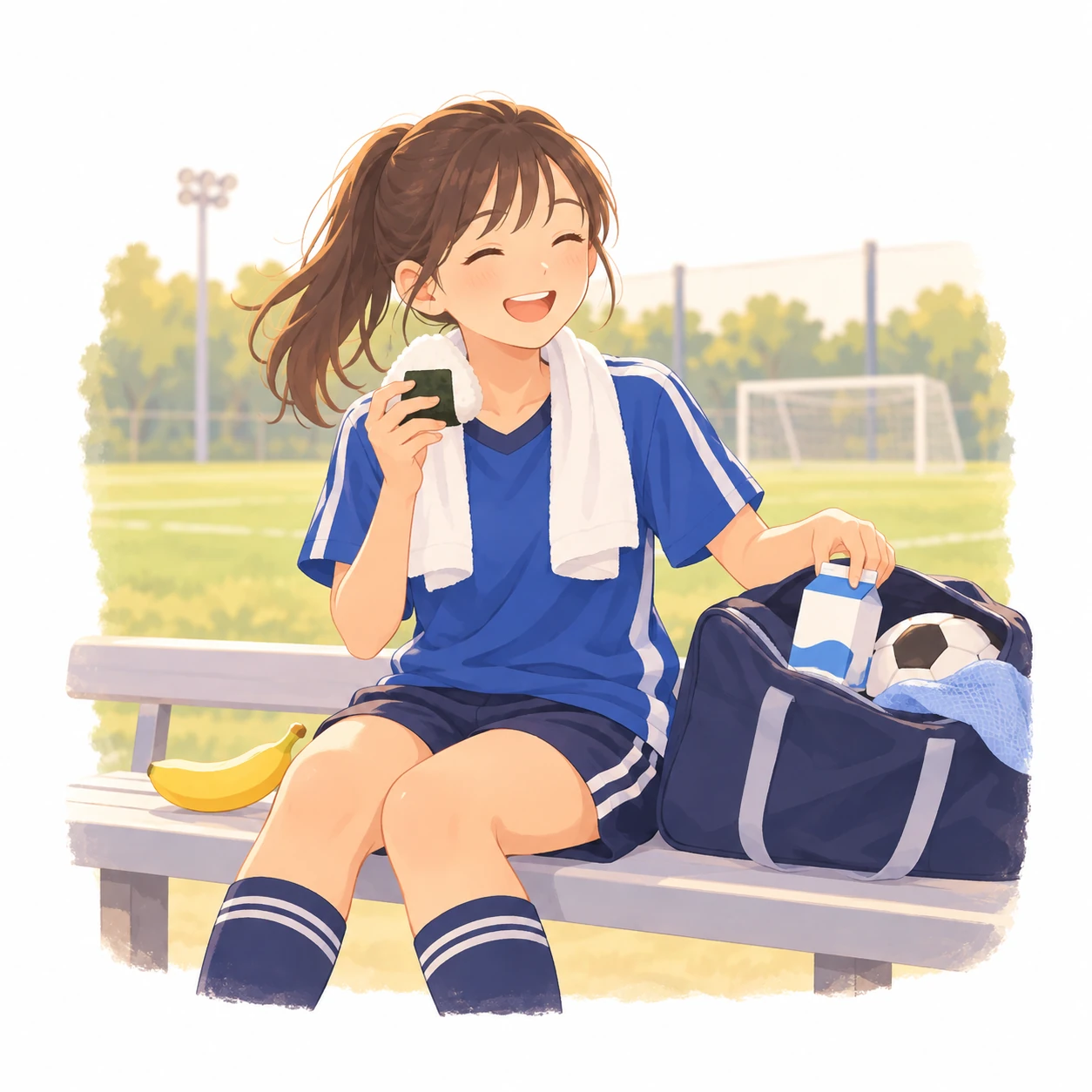 サッカーの練習着の高校生の女の子が、練習後のベンチでおにぎりとバナナを笑顔でほおばり、部活バッグから牛乳を取り出している！
