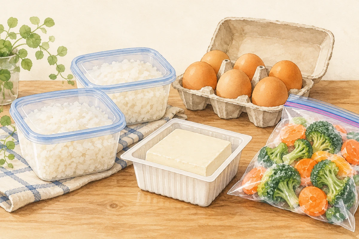 ごはん・卵・豆腐・冷凍野菜など、役割ごとにそろえる買い置き