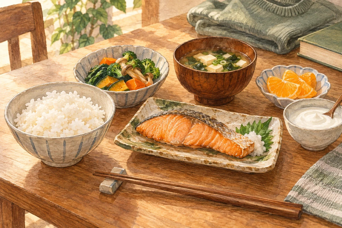 ごはん、魚、野菜、汁物、乳製品、果物を組み合わせた休日の食卓