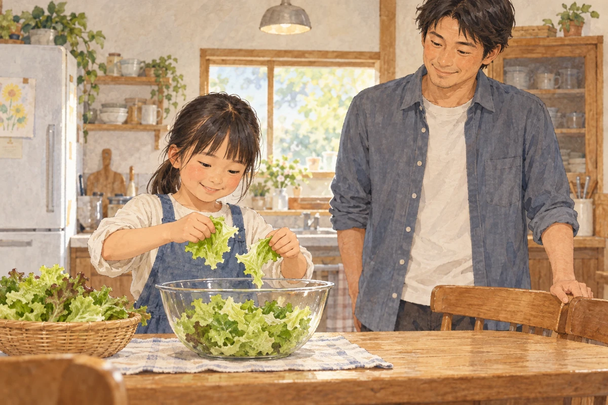 大人が見守る台所で、子どもが料理の一工程を担当する