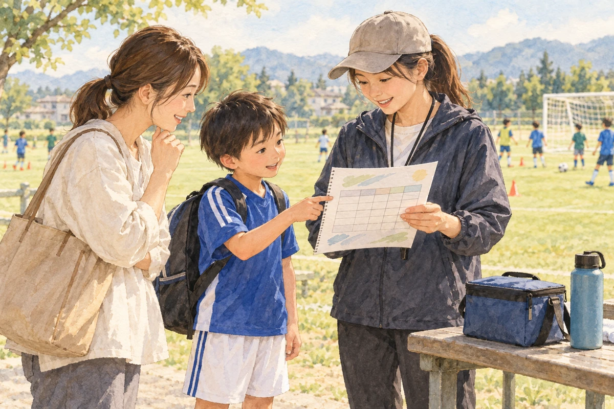 親子とチーム担当者が予定メモを見ながら相談する
