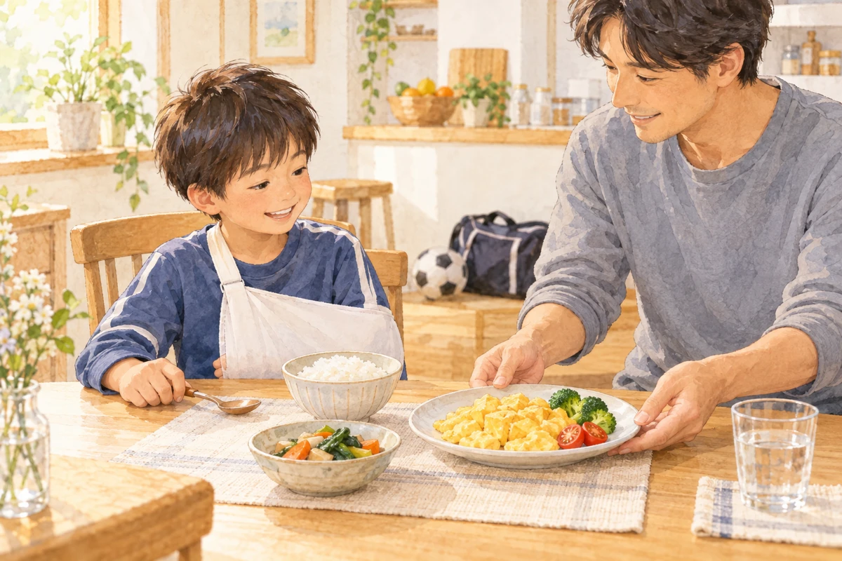 練習を休む時期も、主食・主菜・牛乳や乳製品をそろえた食事