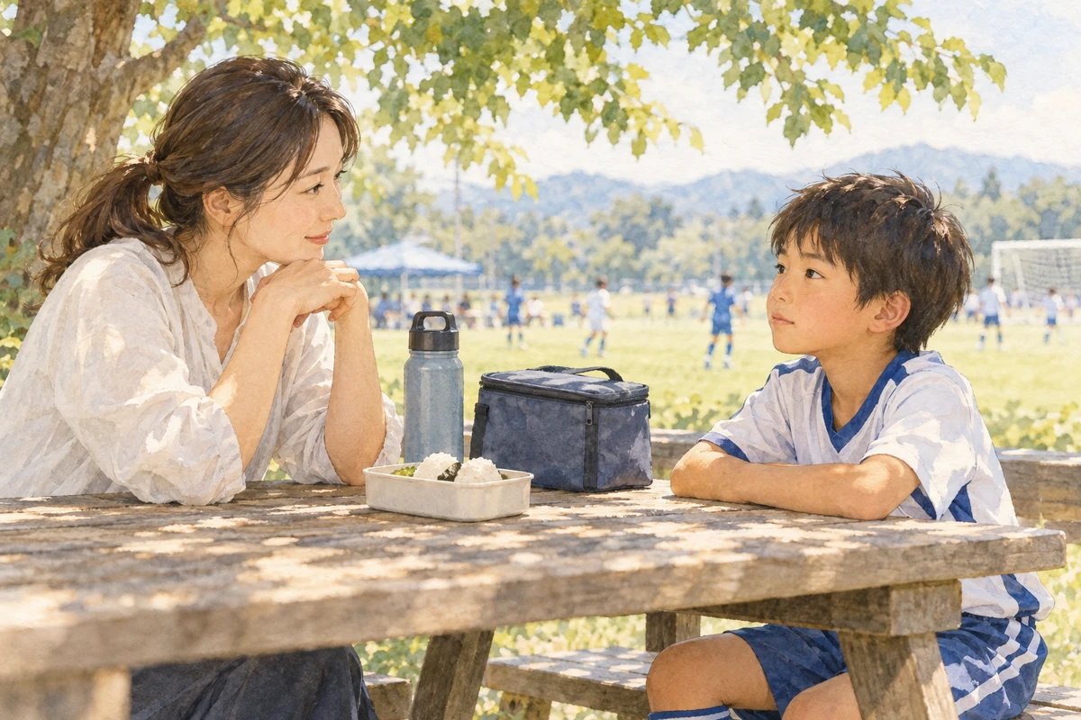 試合前、食べられそうなものを親子で話して選ぶ
